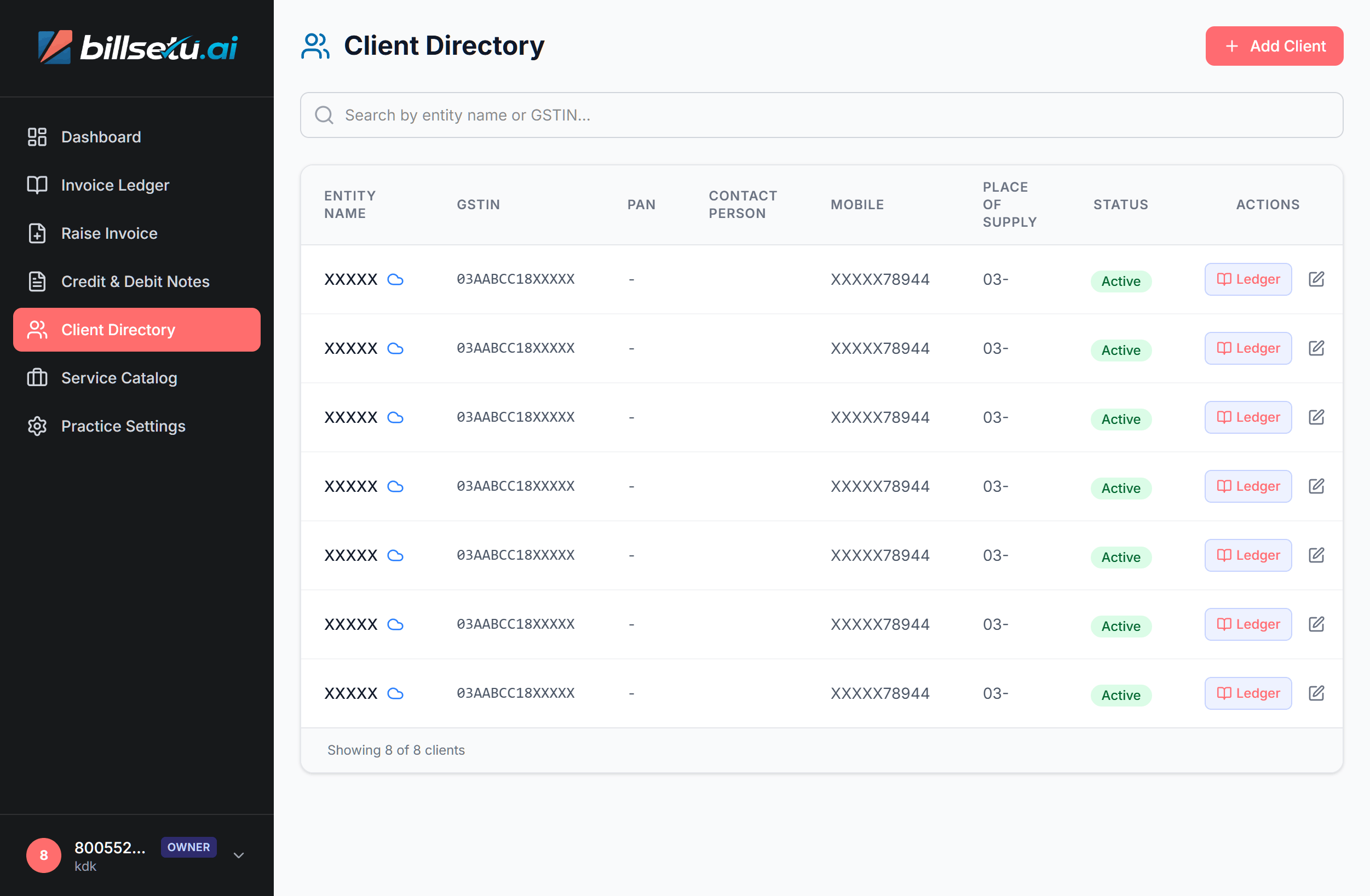 Client directory with contact details