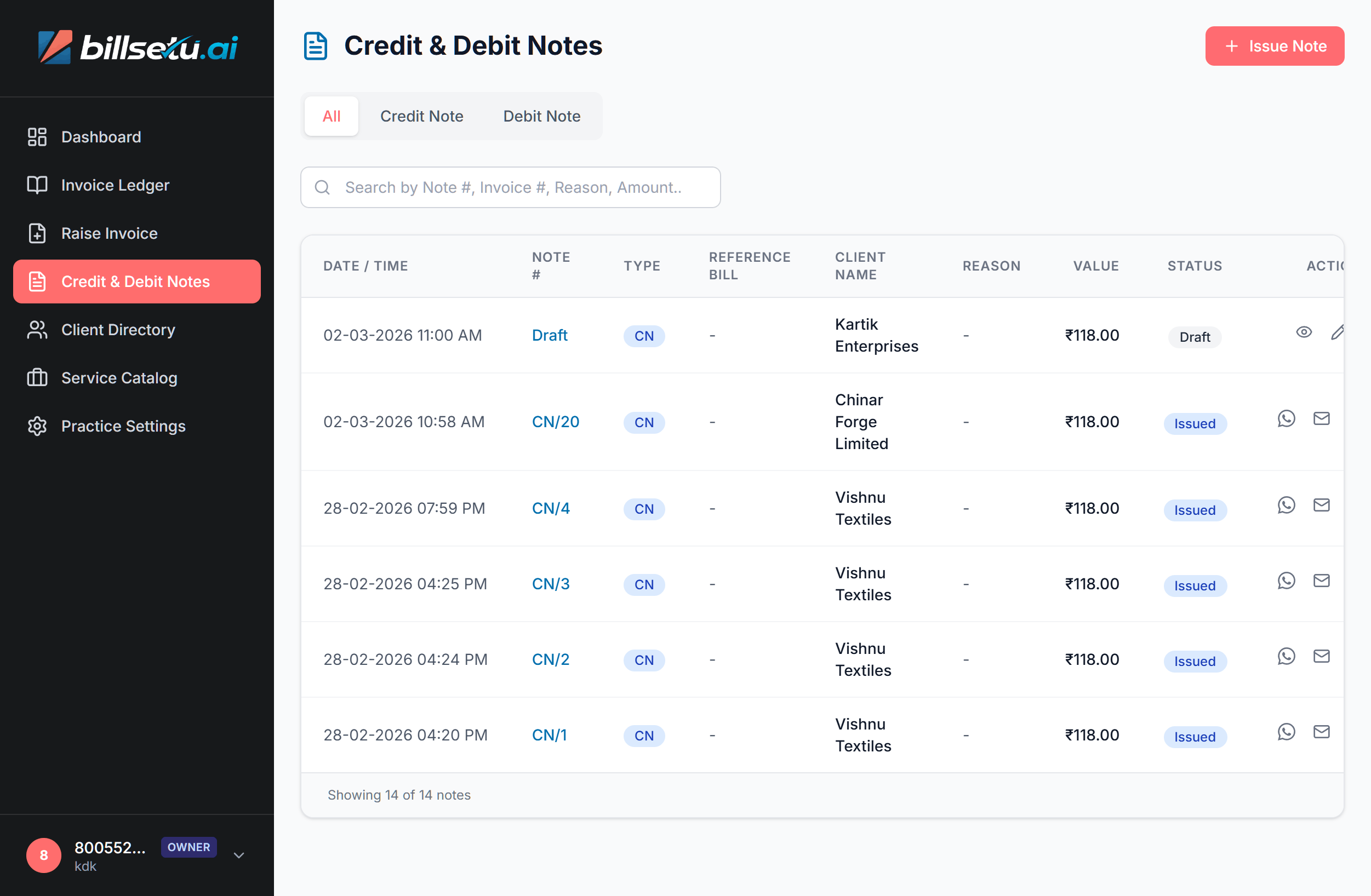 Credit and debit notes management