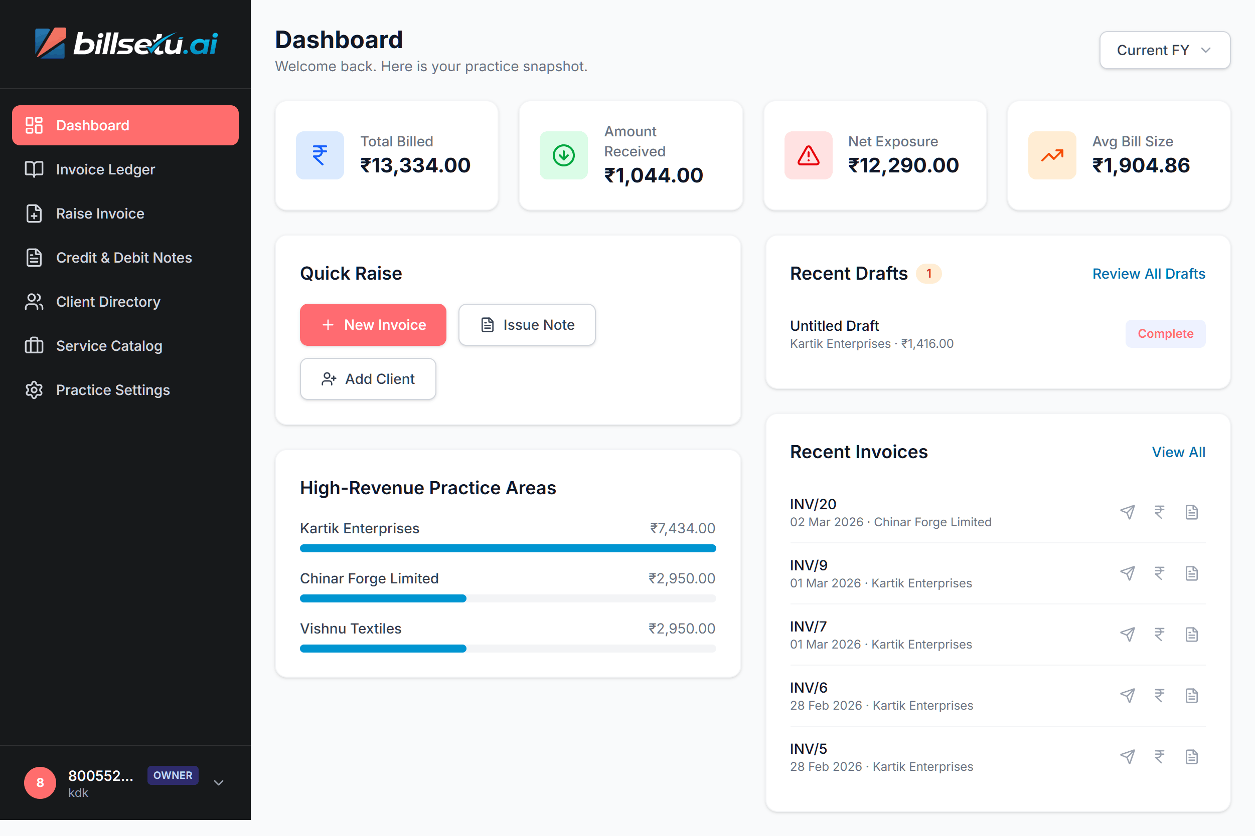BillSetu dashboard showing billing overview