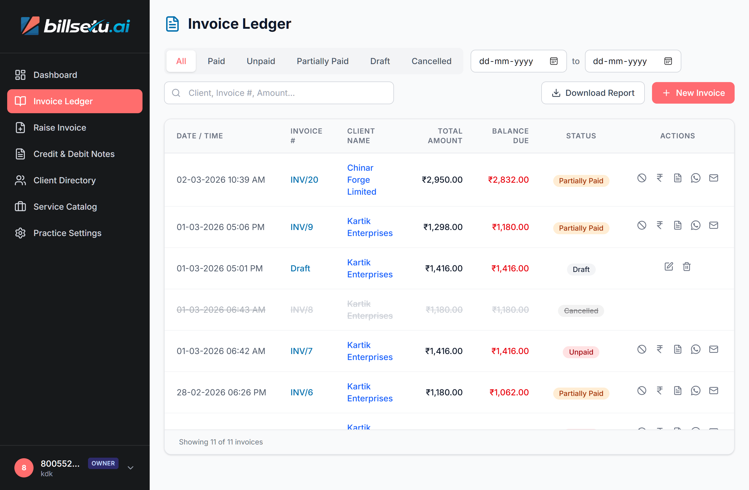 Invoice ledger with transaction history