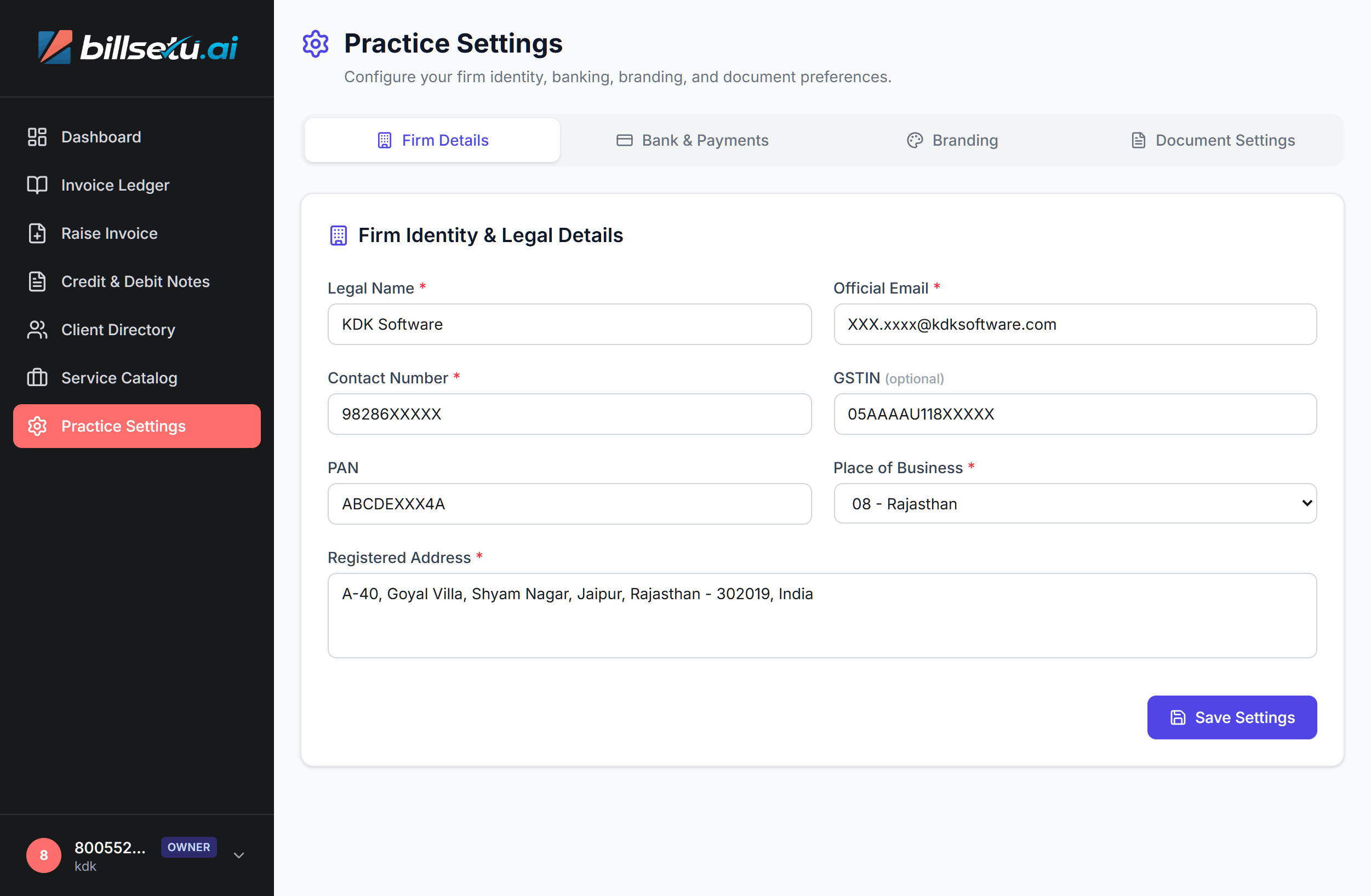 Practice settings and firm configuration