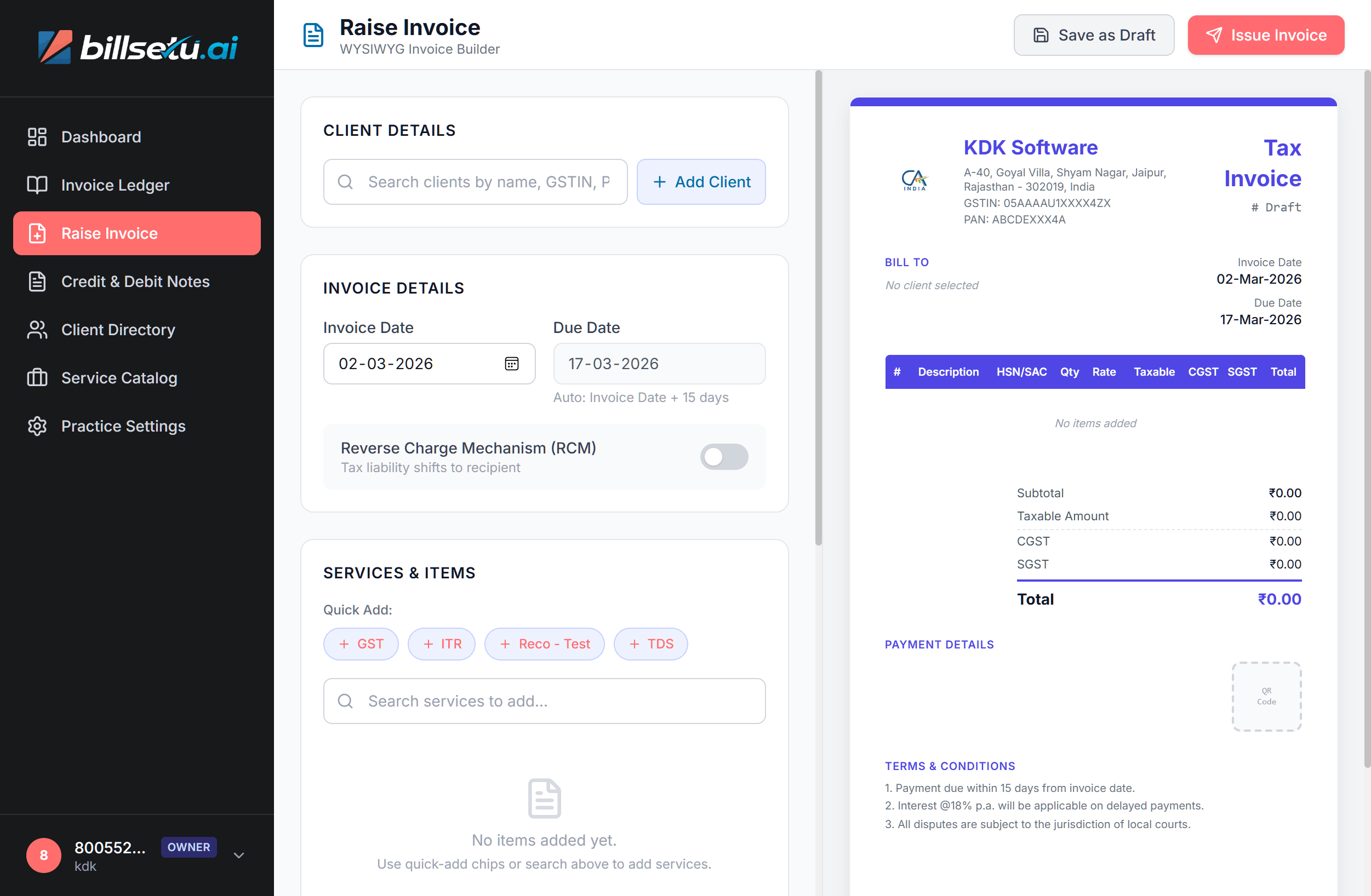 Live invoice builder interface