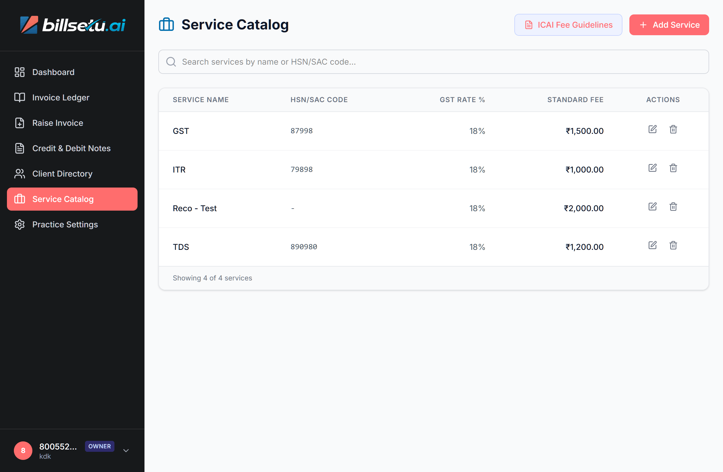 Service catalog with HSN/SAC codes